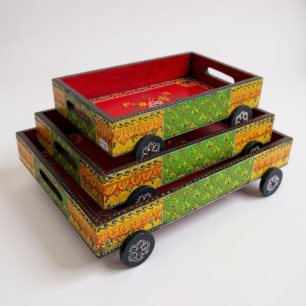 Wood Serving Tray Decor Set Of 3-Wooden Cart Tray Set-Indian Decorative Serving Trays, Boho Home Decor, Colorful Tableware,Painted Tray Gift