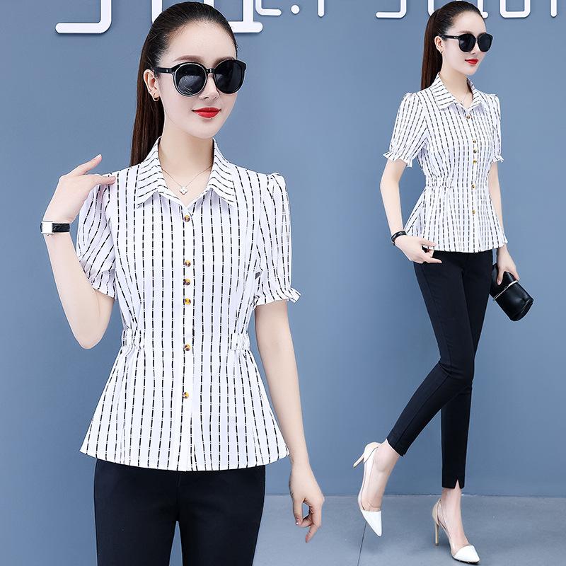 YYFS Women's Fashion Casual Summer Spring Stripe Print Short Sleeve POLO Neck Blouses & Shirts