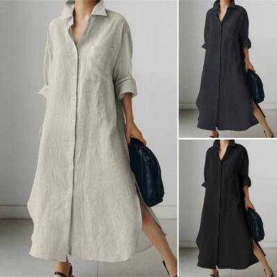 Vestido Feminino de Algodão Linho Oversize Primavera Mulheres Preto Colarinho Pontudo Solto Vestidos Feminino Elegante Casual Roupas Femininas