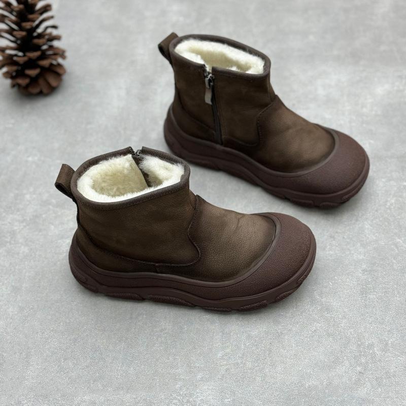 Johnature Handgefertigte Damen-Kurzstiefel aus echtem Leder mit runder Zehenpartie, flachem Boden, verdickt, warm gefüttert mit Wolle, Schneestiefel