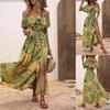 Women's Summer Maxi Dress One Shoulder Collar Sleeveless Printed Long Dress Loose High Waist Belt Slit Ankle-Length Dresses