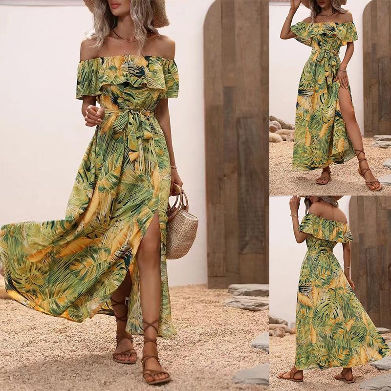 Women's Summer Maxi Dress One Shoulder Collar Sleeveless Printed Long Dress Loose High Waist Belt Slit Ankle-Length Dresses