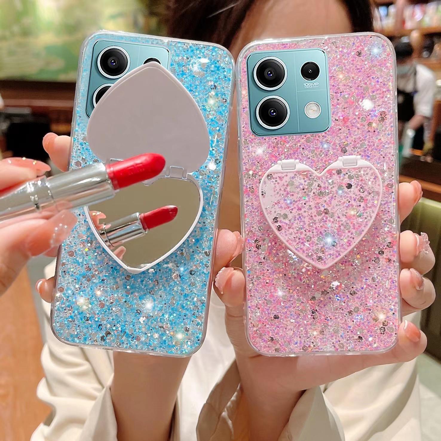

Чохол-підставка Bling Glitter Makeup Mirror для Xiaomi Redmi Note 13 Plus 13C POCO X6 M6 Pro C65 М’яка силіконова накладка Redmi Note 13 (4G) рожевий