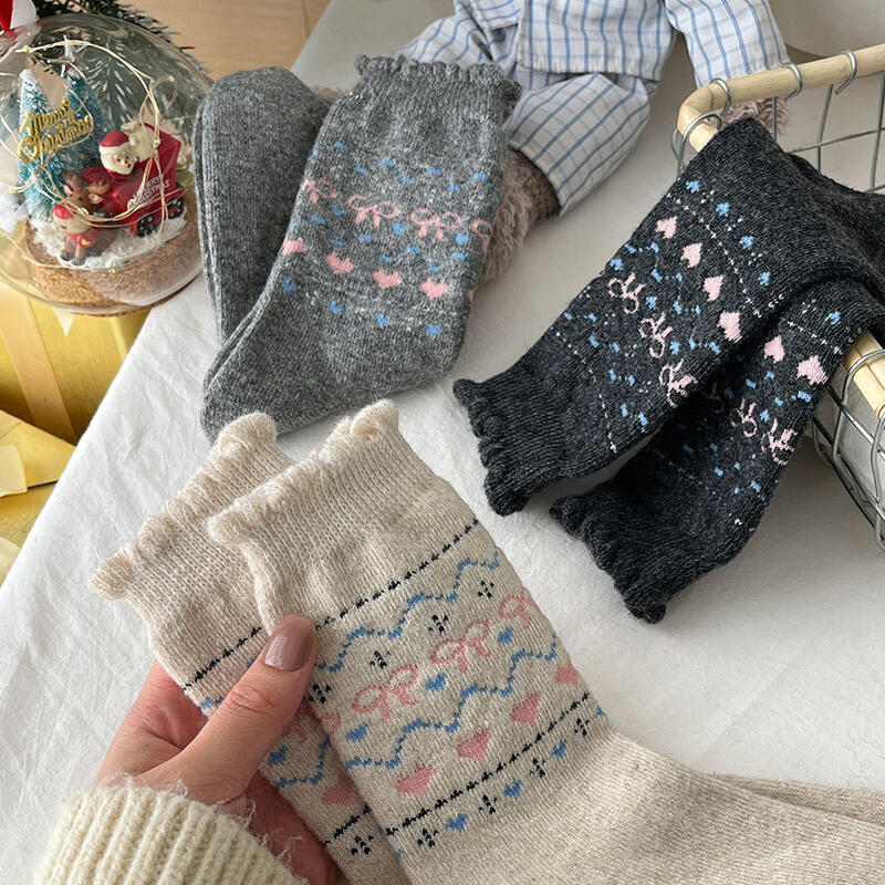 Hey Luna Cozy Ribbon Pattern Petite Frill Thick Socks 3 pair set