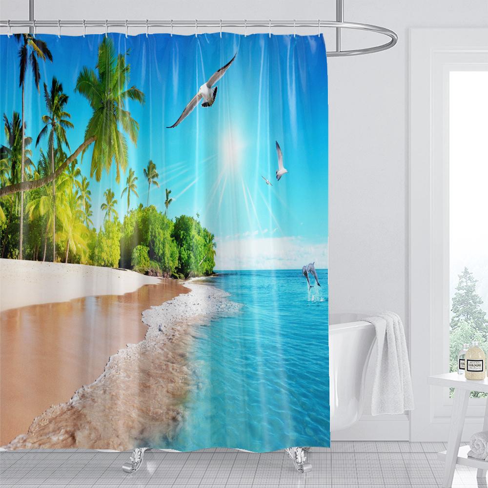 

Sunshine Beach Scenery Seaside 3D Shower Curtain landscape Printed Polyester Fabric Bath Curtains Bathroom Waterproof Curtain W90xH180cm-35x70in