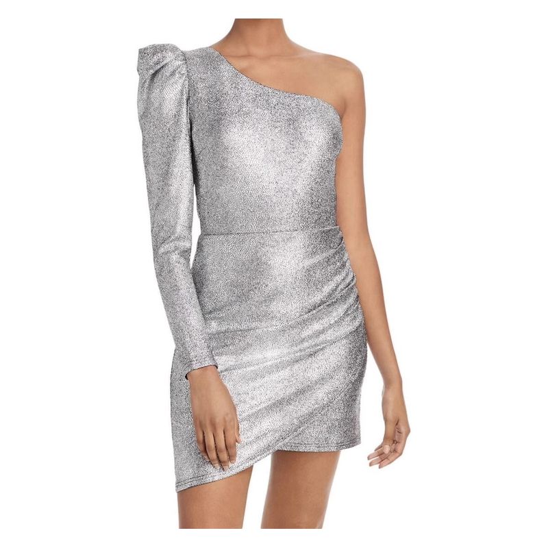 

Foreign Trade Order AQ Niche Sexy Gyaru One-Shoulder Oblique Collar Design Sheath Slimming Pleat Elegant Fashion Dress Silver XS