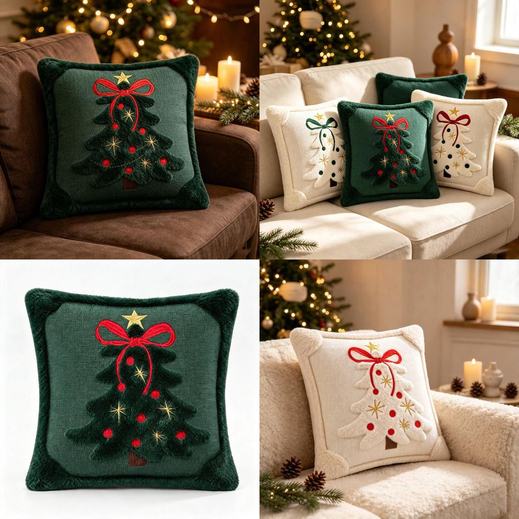 Christmas Tree Embroidered Pillow Cover With Bow Design For Home Decor