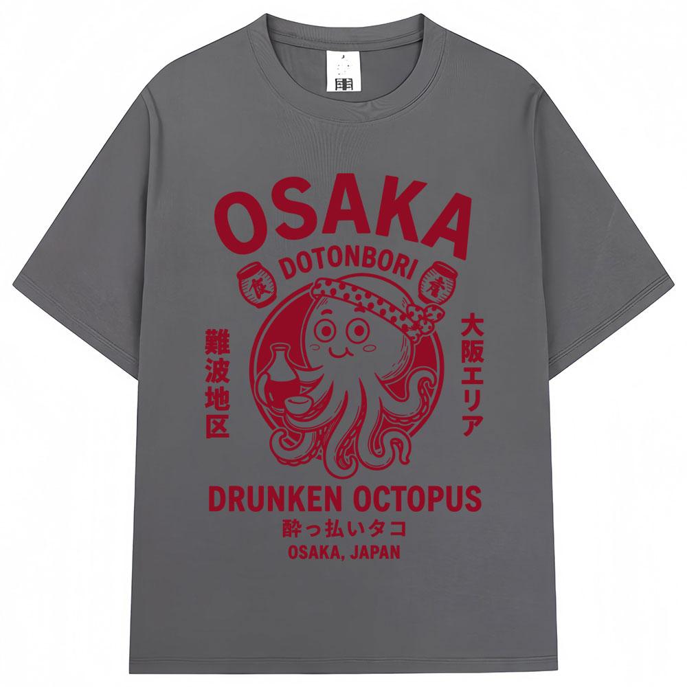 Japanese Style Osaka Drunken Octopus Graphic Tshirt Unisex Unisex Dotonbori Vintage Tshirts Loose Cotton T Shirts Streetwear Gifts
