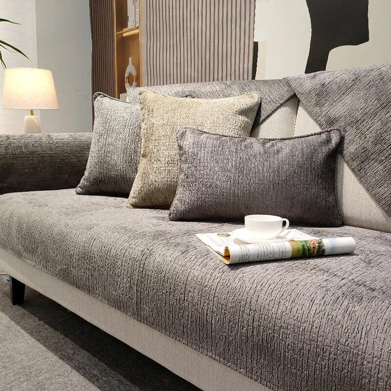 Leichter, luxuriöser Chenille-Sofabezug für Wohnzimmer, einfarbiges Sofakissen, L-förmiger Sofabezug, rutschfeste Couch-Armlehne, Rückenlehne