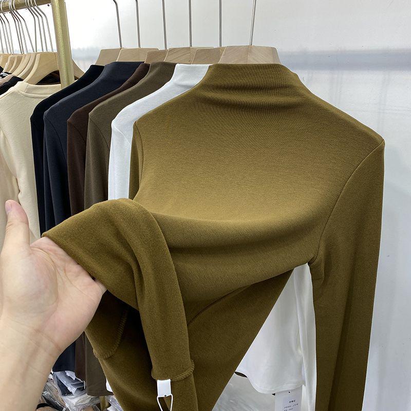 Women's Elastic Slim-Fit Long-Sleeve Half-High Collar Fleece T-Shirt - Soft, Skin-Friendly, 2022 Autumn/Winter Collection