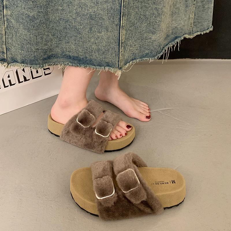 New Spring and Autumn Thick-bottomed Versatile Casual Fluffy Slippers Women's Fashion Low-top One-pedal Women's Slippers