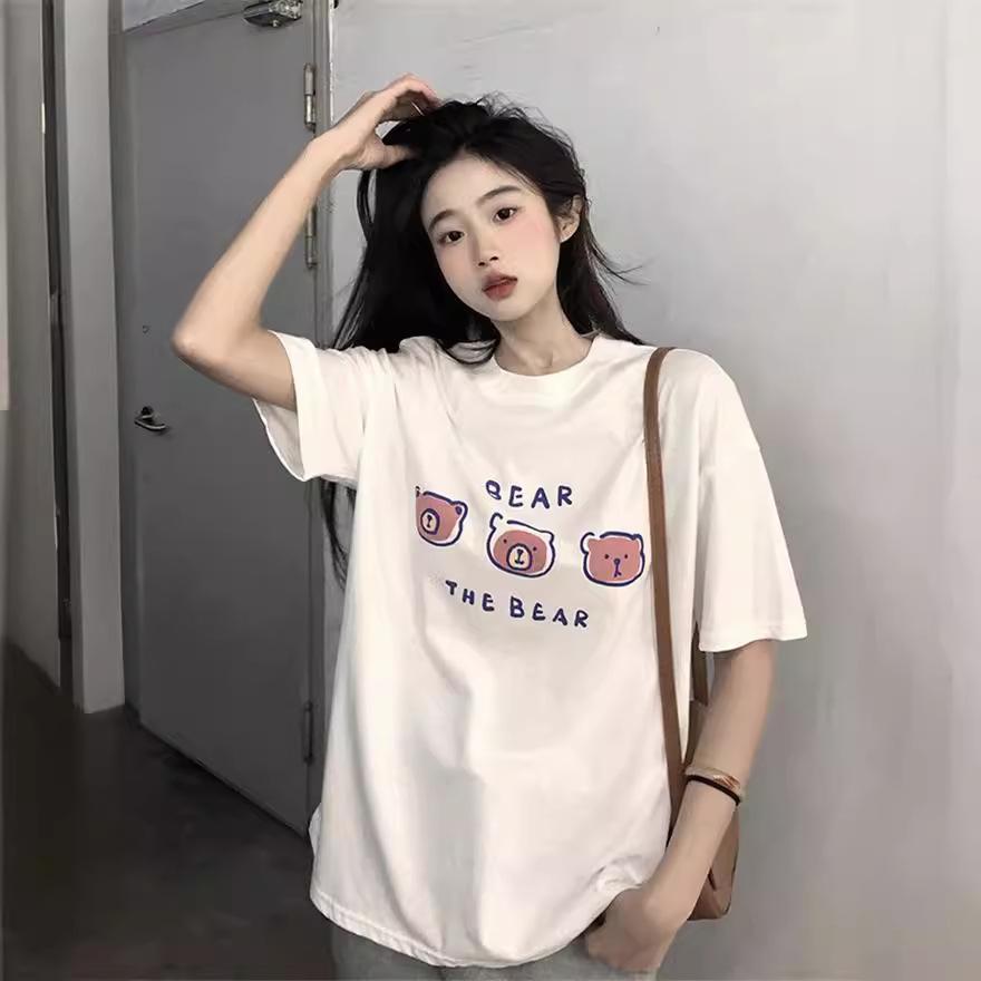 Women's Casual Short Sleeve T-Shirt Cute Cartoon Bear Print Loose Crew Neck Summer Basic Tee Top
