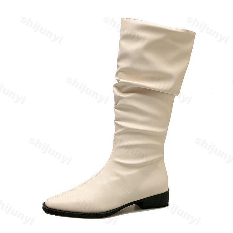 Vintage Thick Heel Women Pleated Knee High Boots New  Fashion Slip on Shoes Autumn Winter Ladies Pointed Toe Long Booties