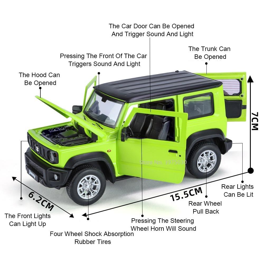 1/24 SUZUKI Jimny Lekebilmodell Legering Diecasting med lydlys Trekk tilbake Funksjon Leker Kjøretøysmodeller Voksensamlergaver