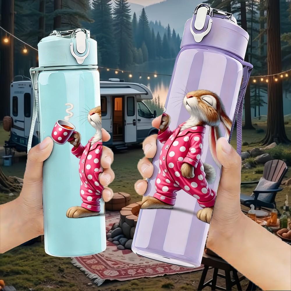 1PC Pink Polka Dot Bunny Rabbit Print 750ml Color Plastic Sports Water Bottle Leakproof Flip Straw Lid Suitable for Sports Office Home Use