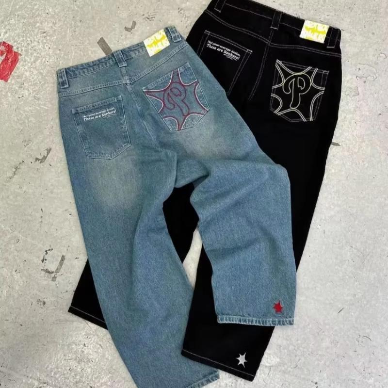 Streetwear Y2K Hip Hop Retro Blue Loose Jeans Harajuku Jeans Men's Pants High Waist Loose Letter Embroidered Trousers