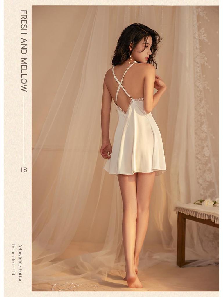 Lace See-Through Backless Nightgown & Robe Set for Women