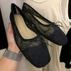 Leather Korean Mesh Lace Bow Ballet Shoes Women's 2025 Spring and Summer Versatile Square Head Shallow Mouth Flat Shoes