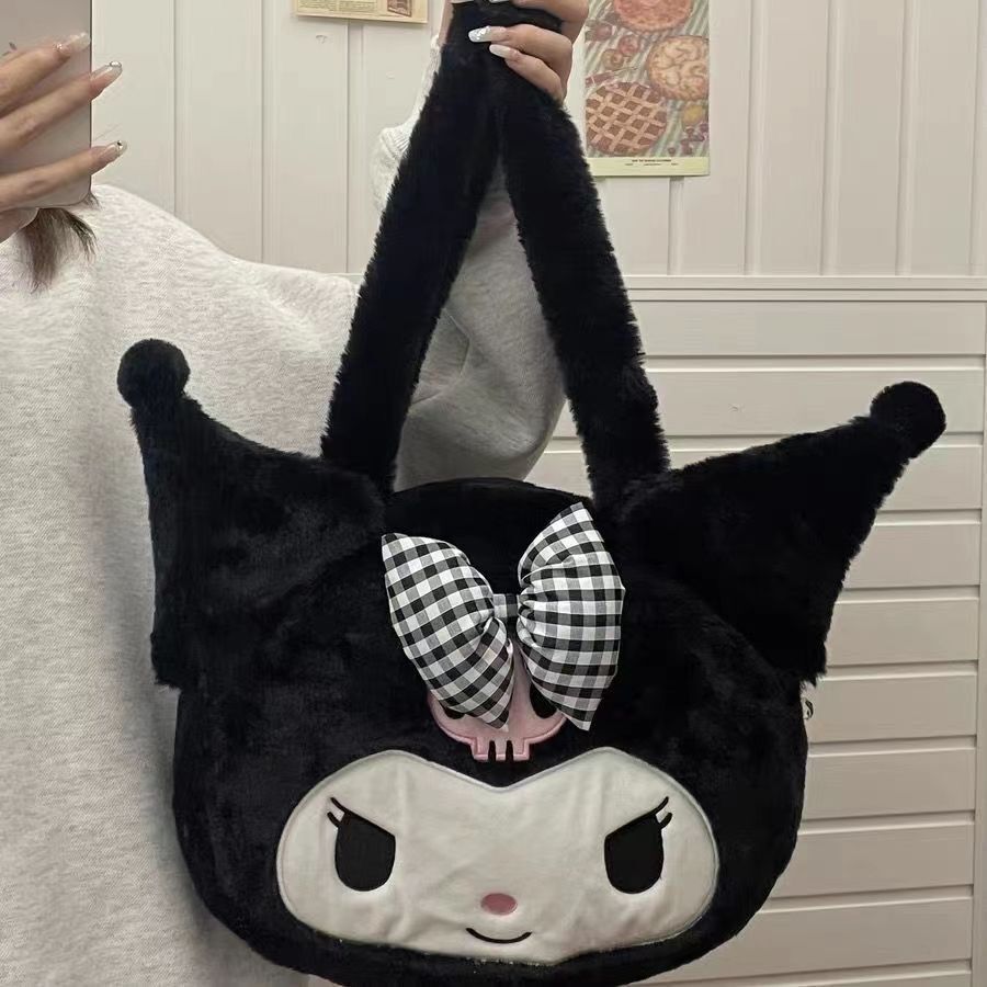 Kuromi Large Tote Bag With Plush Embroidery For Daily Casual Use