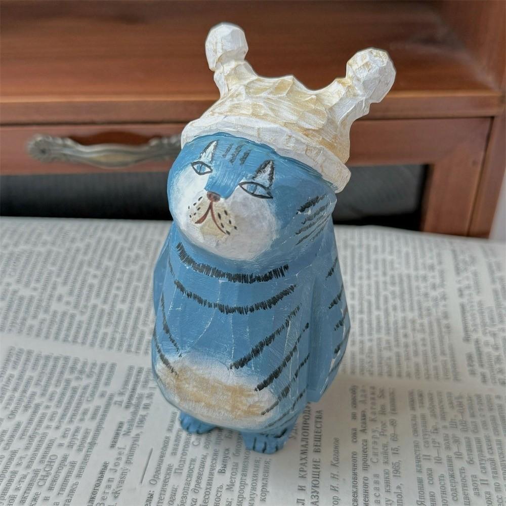 Cartoon Wood Carving Cat Ornament Handmade Hand Engraving Cat Decorations Gift Giving