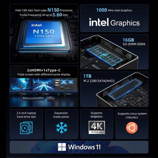 Bmax B4 Turbo Mini PC  Intel 13th Gen N150 3.6GHz 4 Core Processor 16GB RAM + 1TB SSD Windows 11  Dual HDMI Type-C Dual Band WiFi 5 & Bluetooth 5.0