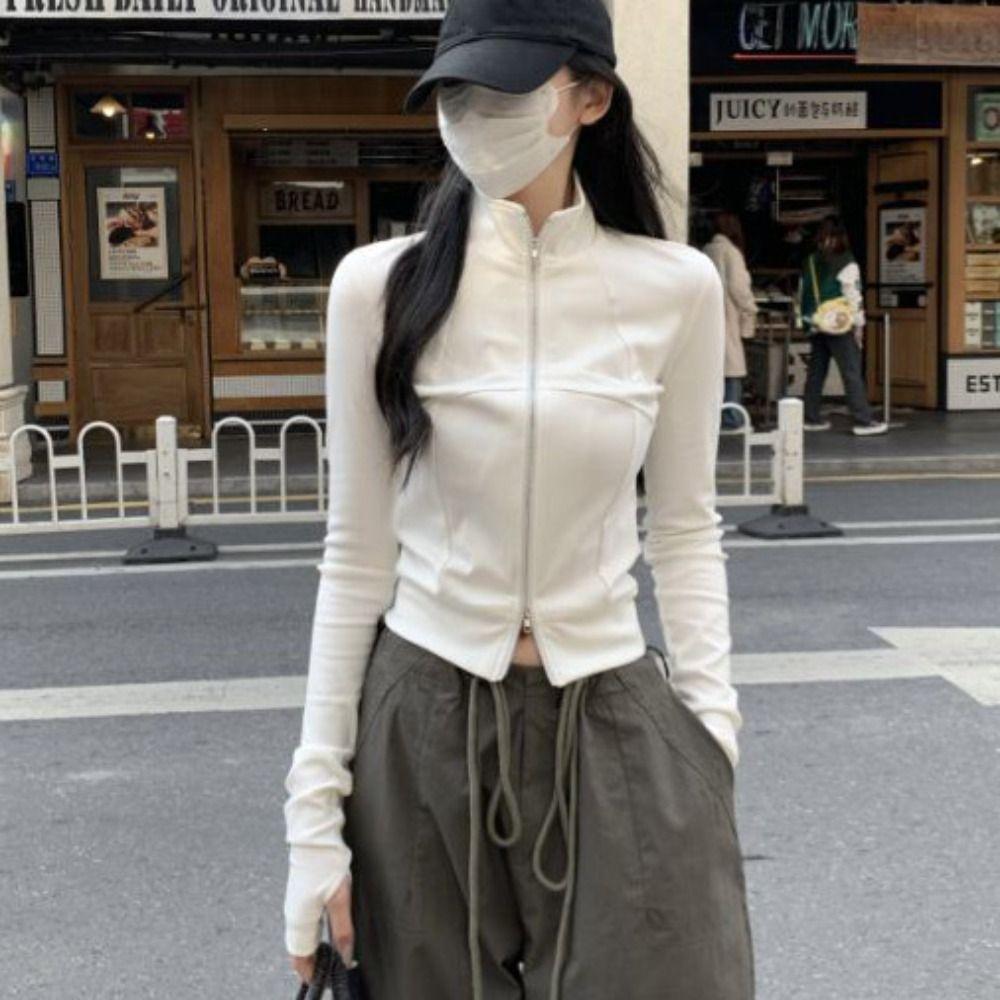 Slim Fit Long Sleeve Shirt Stand-up Collar Crop Tops Women Casual Female Solid Sweatshirt  Women