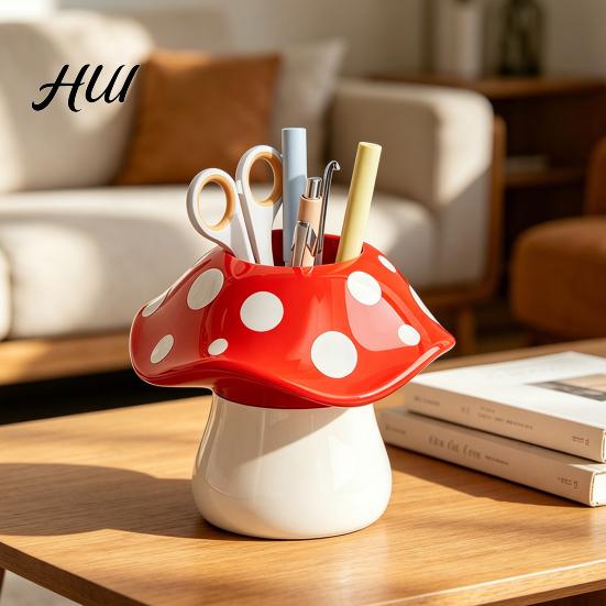Durable Resin Pencil Holder Cute Mushroom Pen Holder, Desktop Organizer with Non-Slip Thick Stable Base, Non-toxic Desk Accessory for Modern