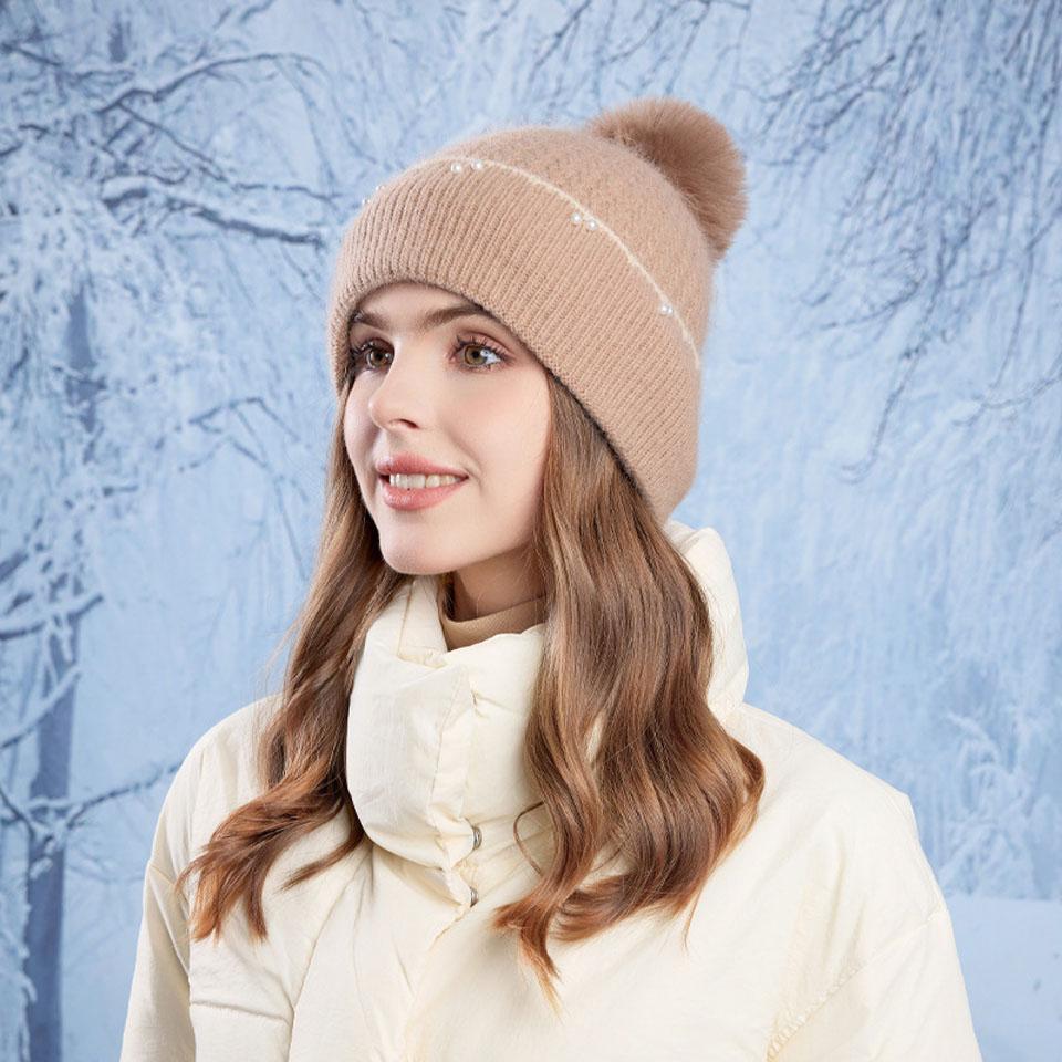 Durable And Safe Getinfit Pullover Cap Winter Fashionable Pom-Pom Pearls Outdoor Keep Warm Add Fleece Warmth Ear Protection Knitting Woolen Hat