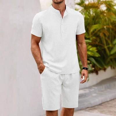 Mens Casual Linen Blend Two Piece Outfit Short Sleeve Henley Shirt And Shorts Set