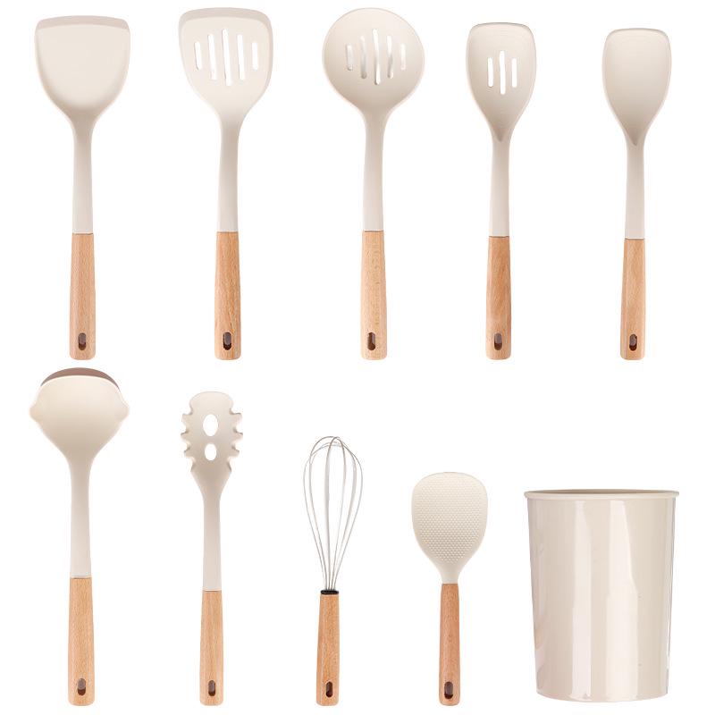 Wooden Handle Silicone Kitchenware Set: Non-stick Spatula & Ladle, High-Temp Resistant Cooking Tools.