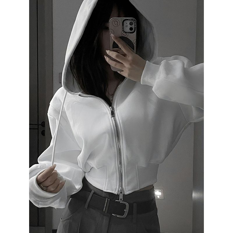 

American Hooded Spring & Fall Winter Elegant Waist-Slimming Thin Sweatshirt White (Spring & Fall thin) L
