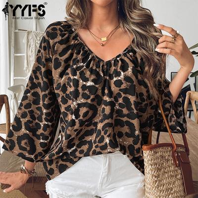 Women's Fashion Casual Summer Spring Leopard Print 3/4 Sleeves V-Neck Blouses & Shirts