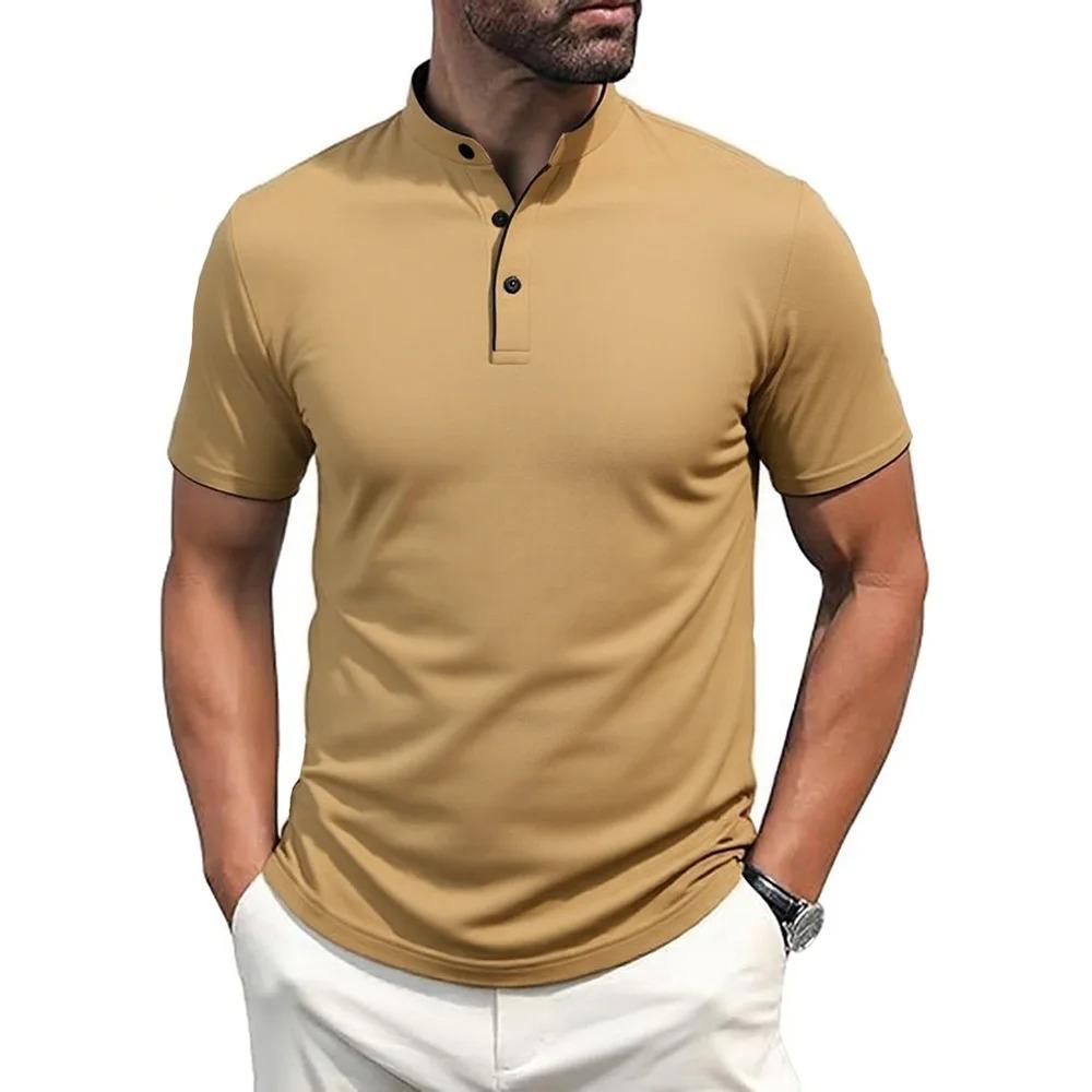 Men's Small Stand Collar Shirts Short-sleeved Polo Contrast Color Fashion Golf T-shirt Button Down Slim Fit