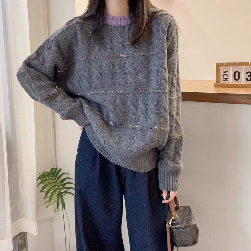 

Корейский женский свитер с длинным рукавом свободного кроя для осени и зимы, вязаный пуловер с цветными блоками и косами, теплый трикотажный свитер с круглым вырезом 2XL серый