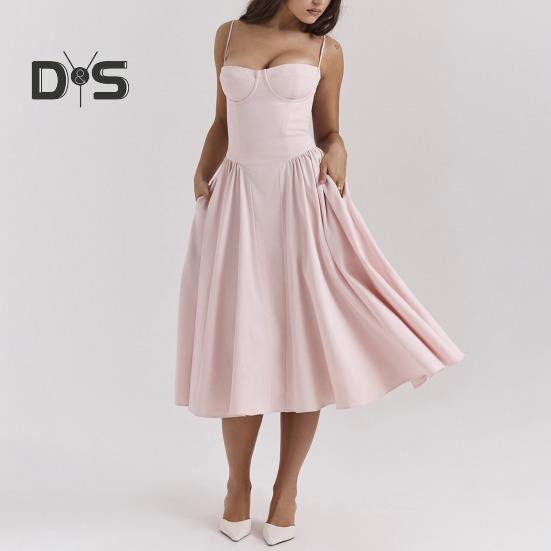 Damklänning Lågskuren spaghettirem Rygglös Ärmlös A-linje Big Swing Ren färg Smal midja Plisserad Cocktailparty Bal midiklänning