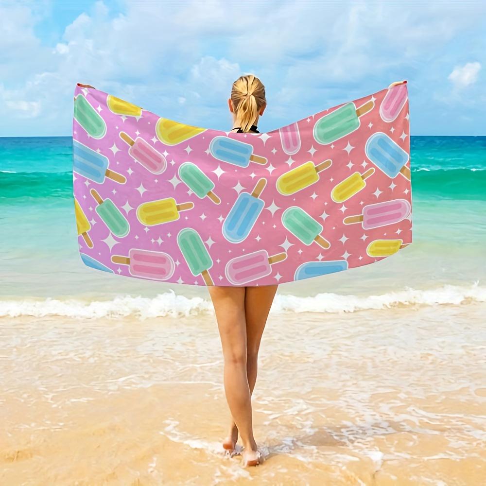 1PC Pink Ice Cream Pattern Beach Towel, Soft Quick Dry Blanket for Surfing Yoga Camping Essential Beach Accessories