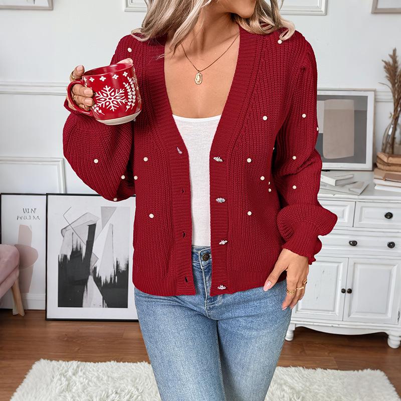 2026 Spring Valentine's Beaded V-neck Cardigan Sweater - Women's Fashion European & American Style