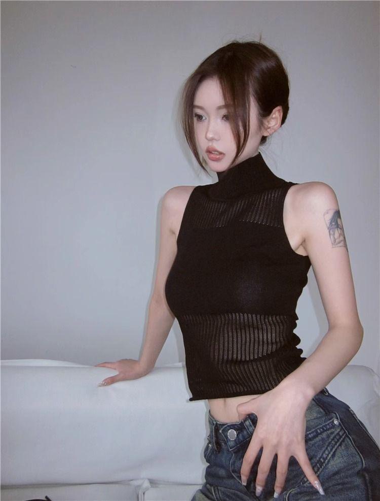 Vară Picant Gât Înalt Fără Mâneci Tricotat Crop Top Cămașă de corp - Articol de îmbrăcăminte exterioară scurtă decupată pentru femei