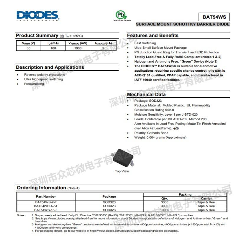 BAT54WS-7-F SOD323 Schottky Rectifier Diode, 30V 200mW, Silk Screen L9