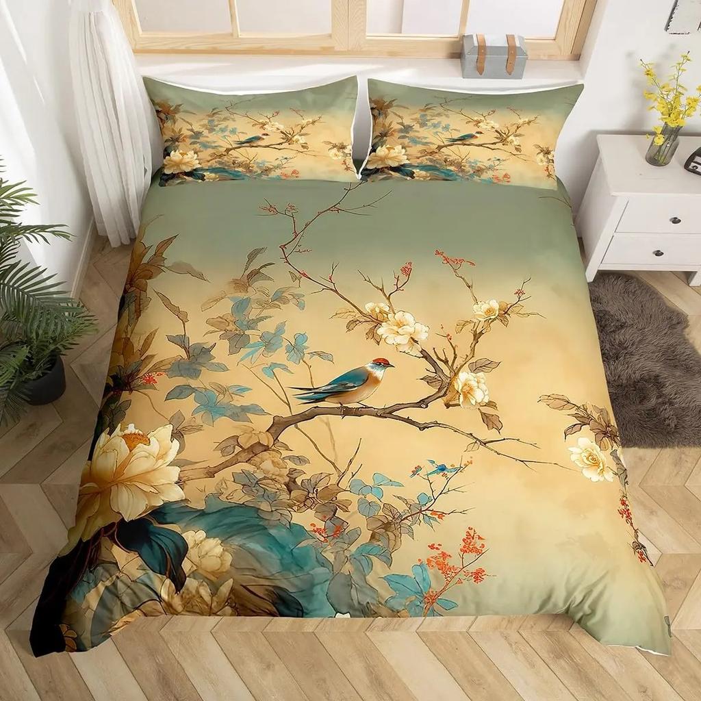 Kolibri Blumen Bettbezug Vögel Bettwäsche Set Blau Grün Frühling Wildtiere Botanisch Bettdeckenbezug Polyester Steppdeckenbezug