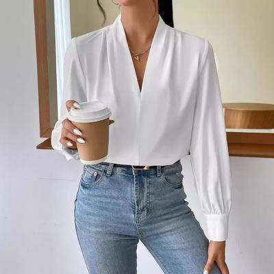 Spring Autumn Winter Shirt Long Sleeve Blouse Designed V-Neck Solid Colour Loose Top