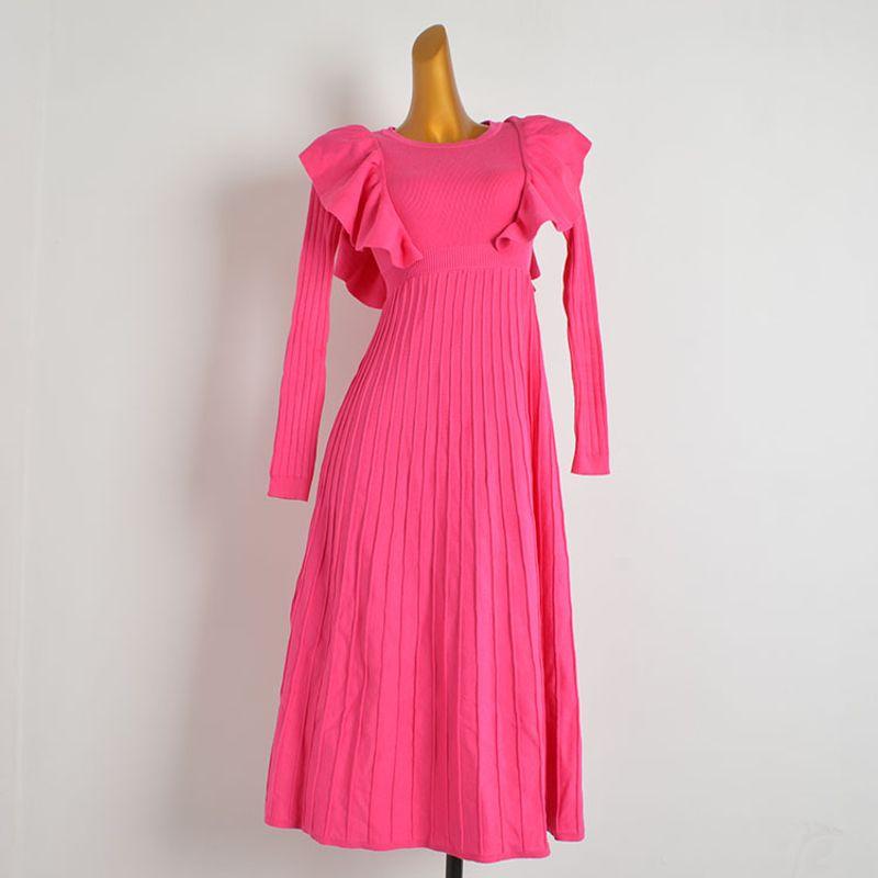 

Autumn French round Neck Patchwork Lotus Edge Stylish Long Sleeves Knitting Dress Women s Clothing Cinched Pleated Long Skirt Flaw S