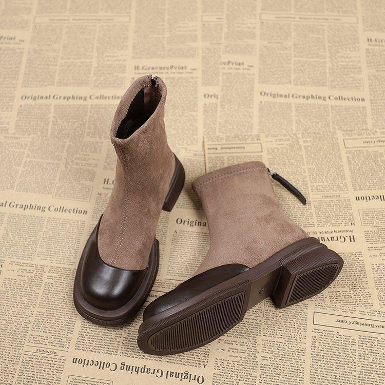 Korean Version of Retro Style Boots for Women with Long Legs, Zipper and Thin Boots, Velvet Cotton Boots, Thick-soled Small Short Boots.