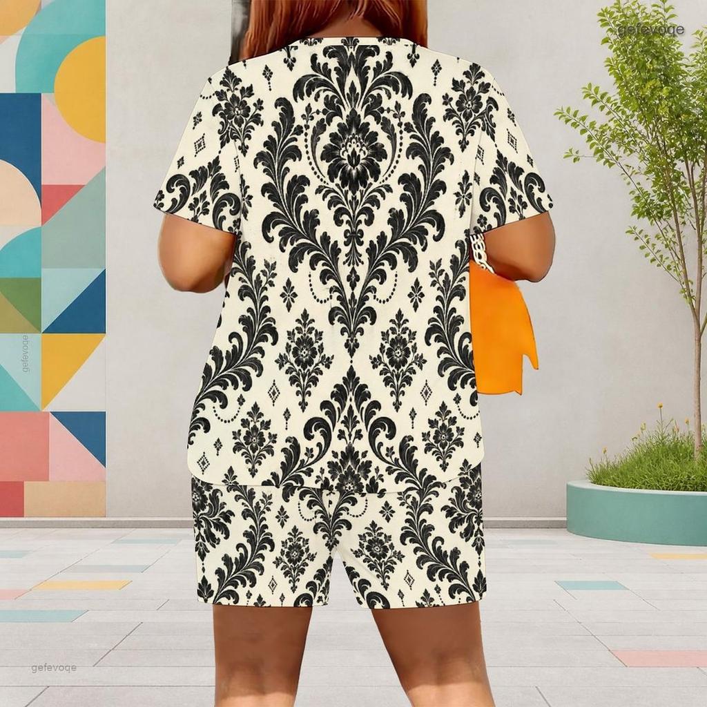 Women Plus Size Blue Green Paisley Printed Round Neck Short Sleeve Top Pocket Shorts Two Piece Set