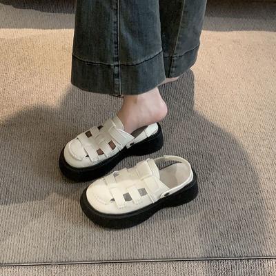 Versatile Muse Half Slippers Women's 2025 Explosive Hollow Woven Roman Thick-soled Baotou Flat-soled Cool Slippers Beach Shoes