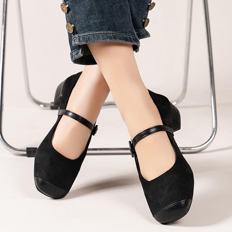 Fashion Retro Mary Jane Shoes 2024 New Square Toe Shallow Mouth Straight Buckle with Thick Heel Patchwork Fashionable Single Shoe