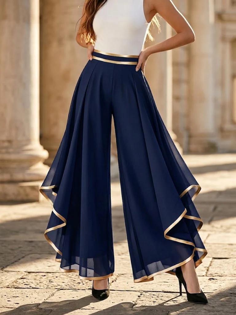 2026 Women's European & American Patchwork Chiffon High-Waisted Wide-Leg Pants: Summer Casual Style
