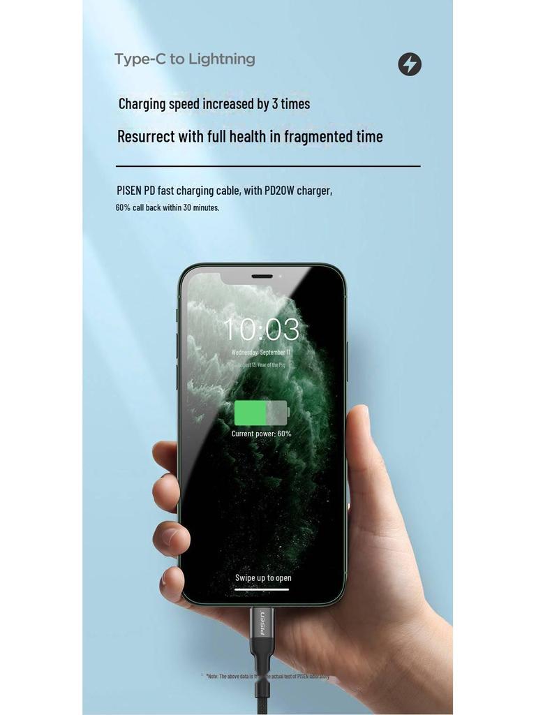 PISEN Fast Charging PD Cable for iPhone 11/12/13/Pro/Max/XS.