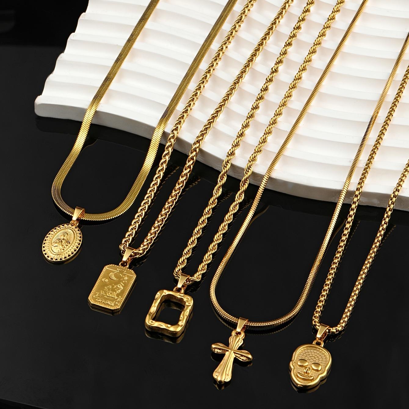 Fashion Stainless Steel Necklace Casting Skull Cross Pendant Fashion Personality Titanium Steel Necklace Set gold Five-piece set