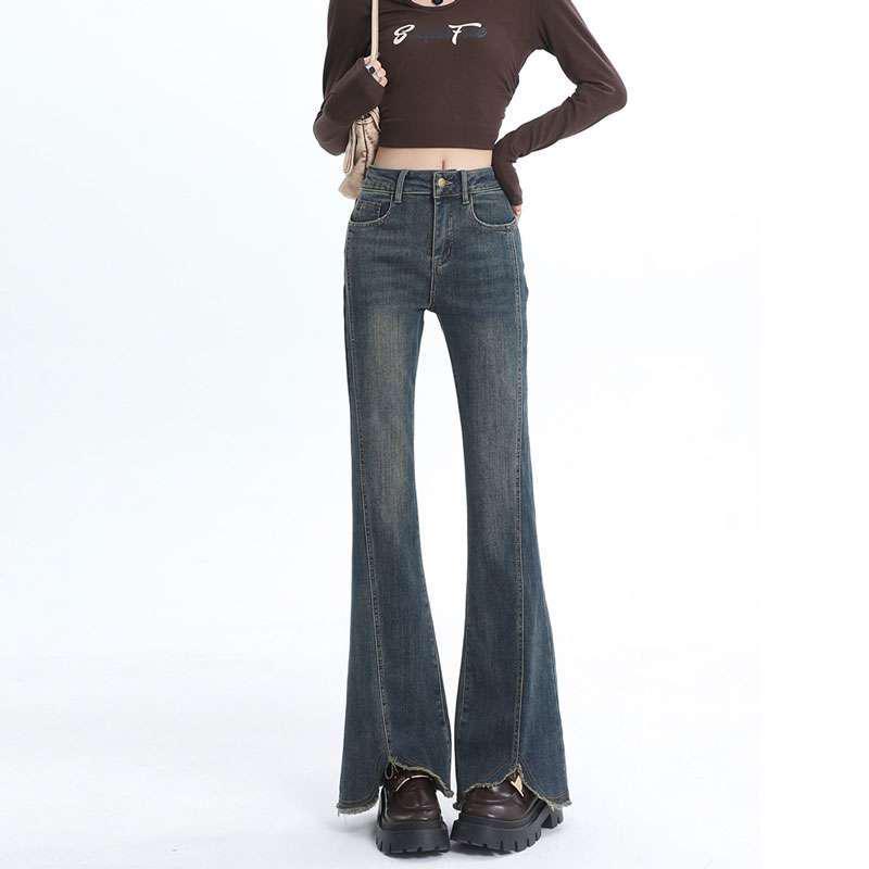 

Women s Plus Size Cement Gray High-Waist Frayed Micro-Flare Jeans Slimming Versatile Pants, Winter 2026 S